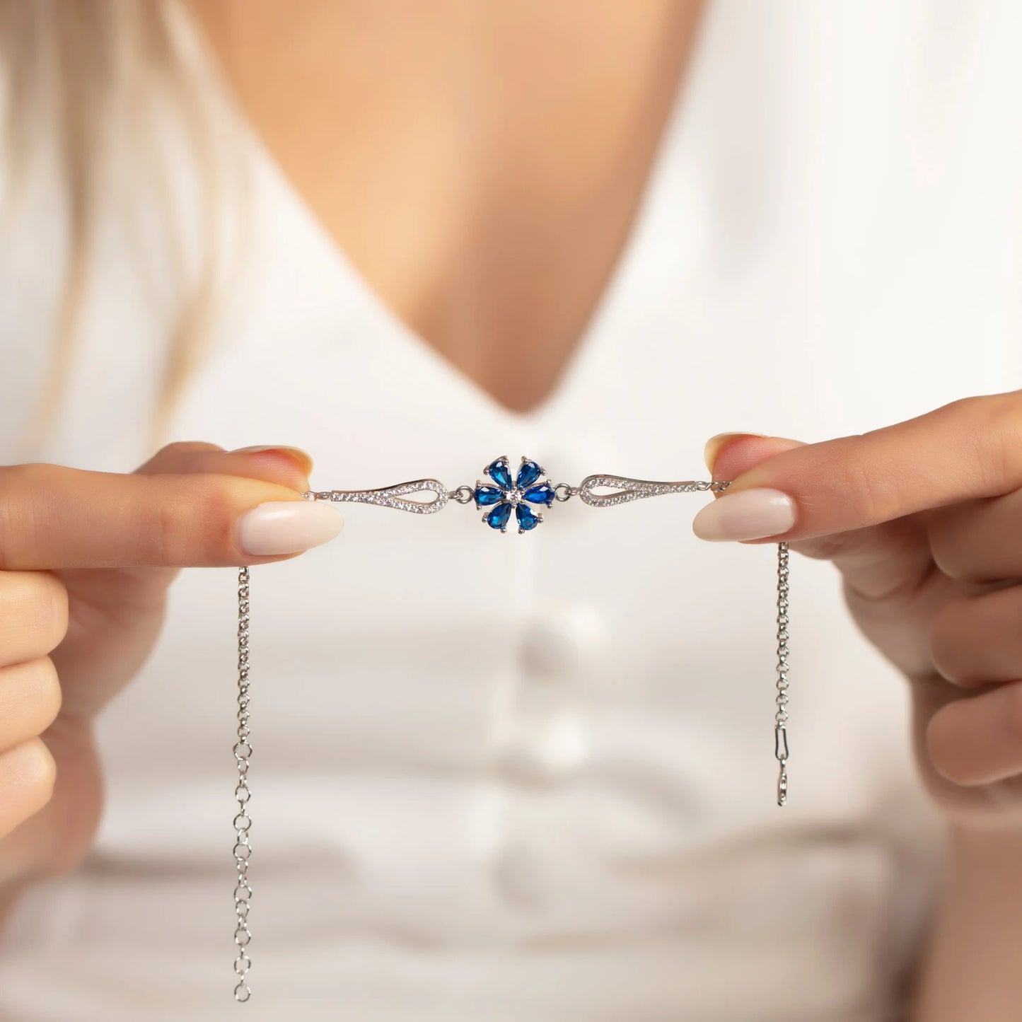 Blue flower cubic zirconia bracelet