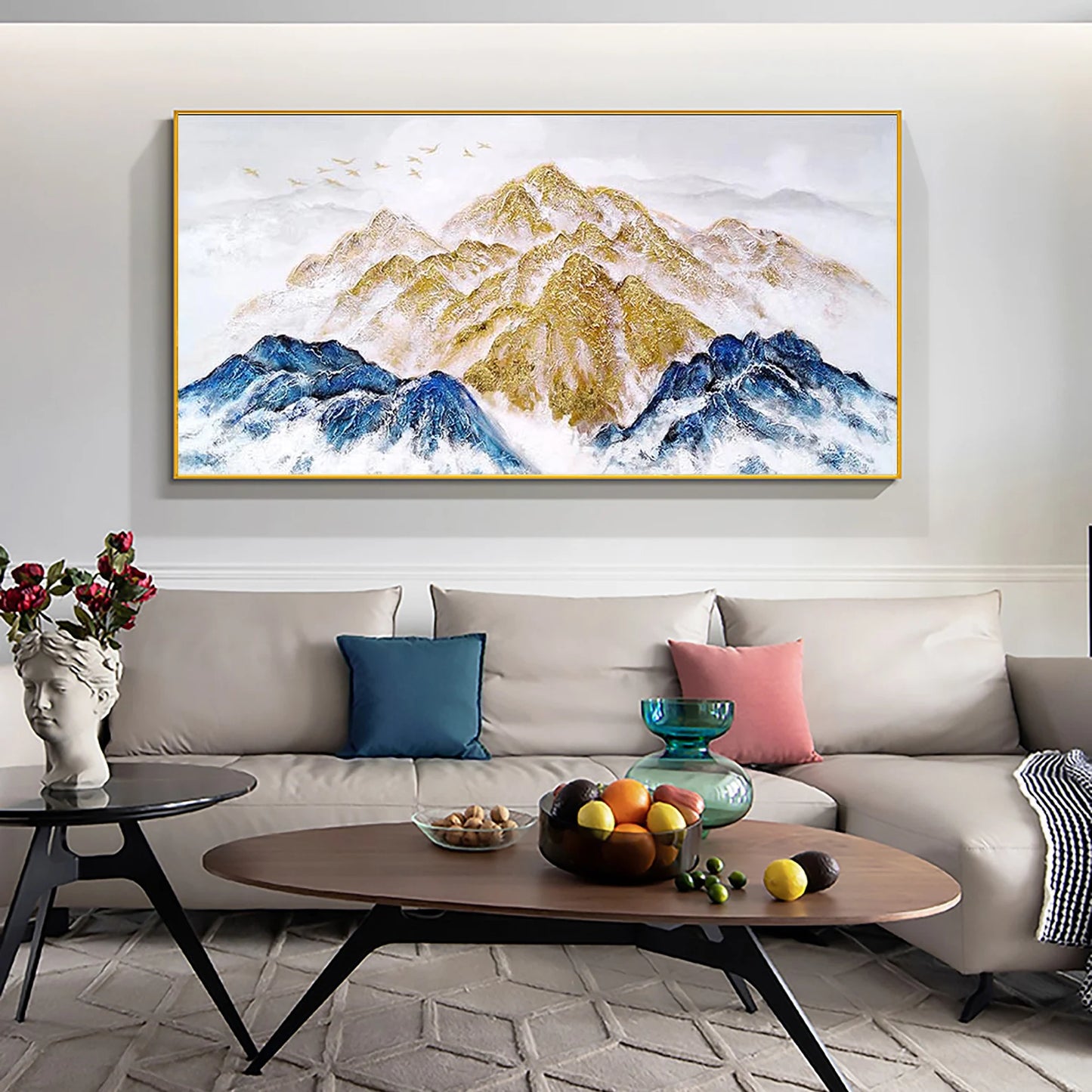 Blue and Gold Mountains Oil Painting Handmade