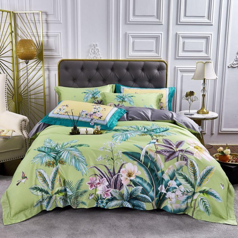 Flowers with Birds Green Duvet Cover Set (100% Egyptian Cotton)