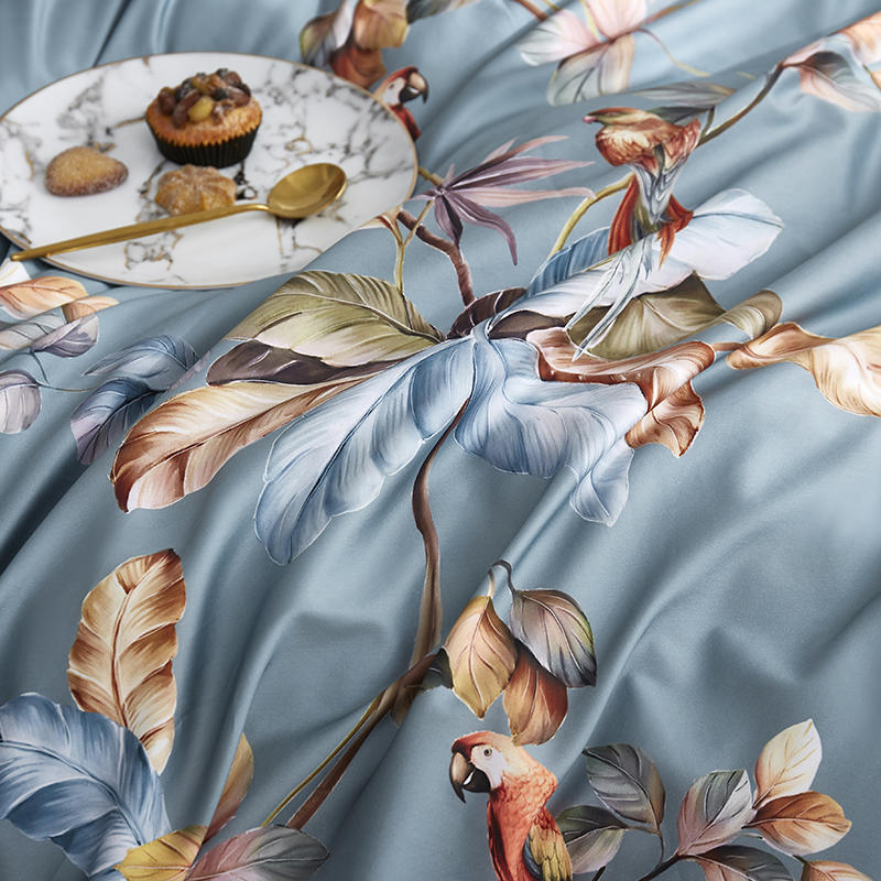 Parrot with Flower Blue Duvet Cover Set (100% Egyptian Cotton)