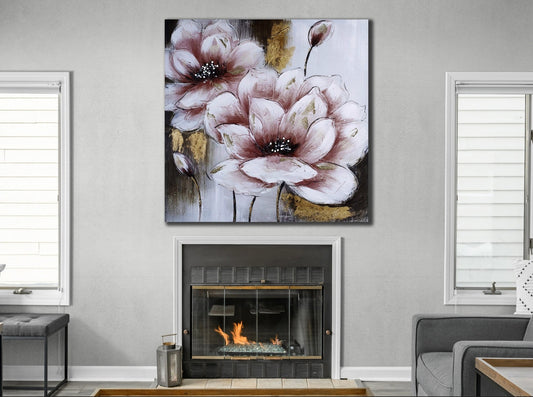 Pink/white gold flower canvas