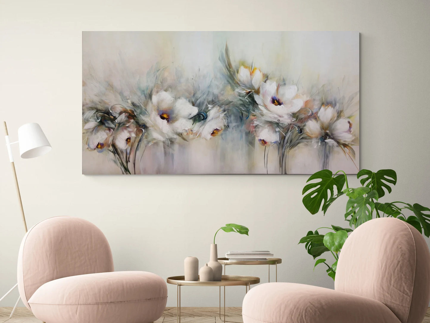 Blumenreihe mit silber Glitzer (von Hand befestigt) Leinwand