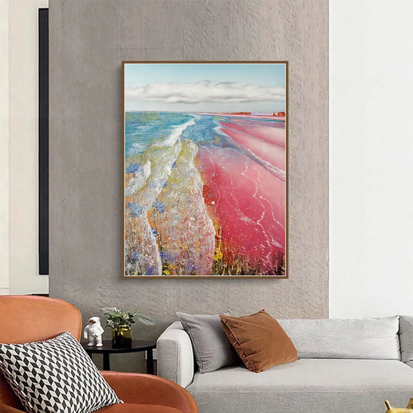 Beach Ocean Pink Oil Painting Handmade