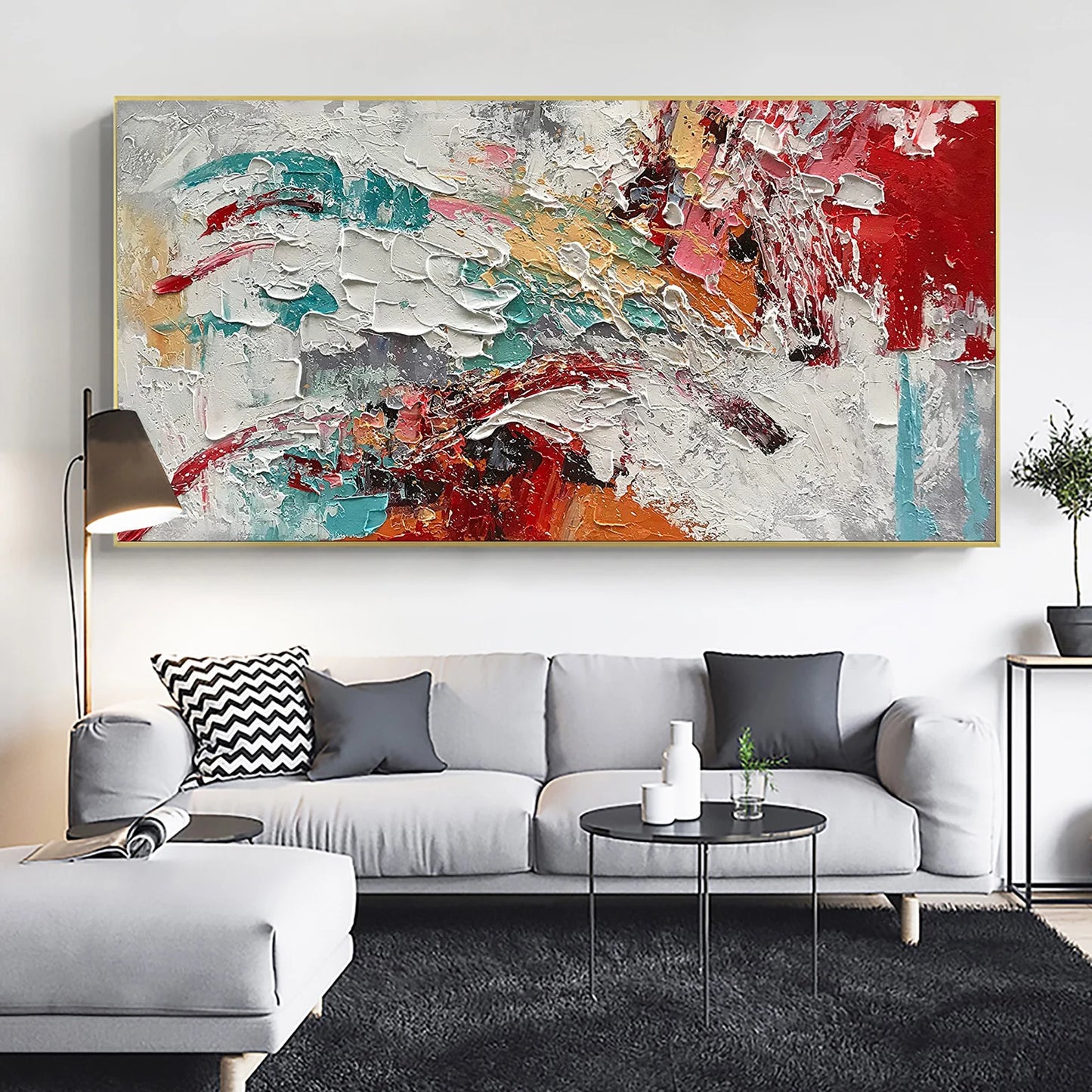 Abstract White Red Blue Oil Painting Handmade