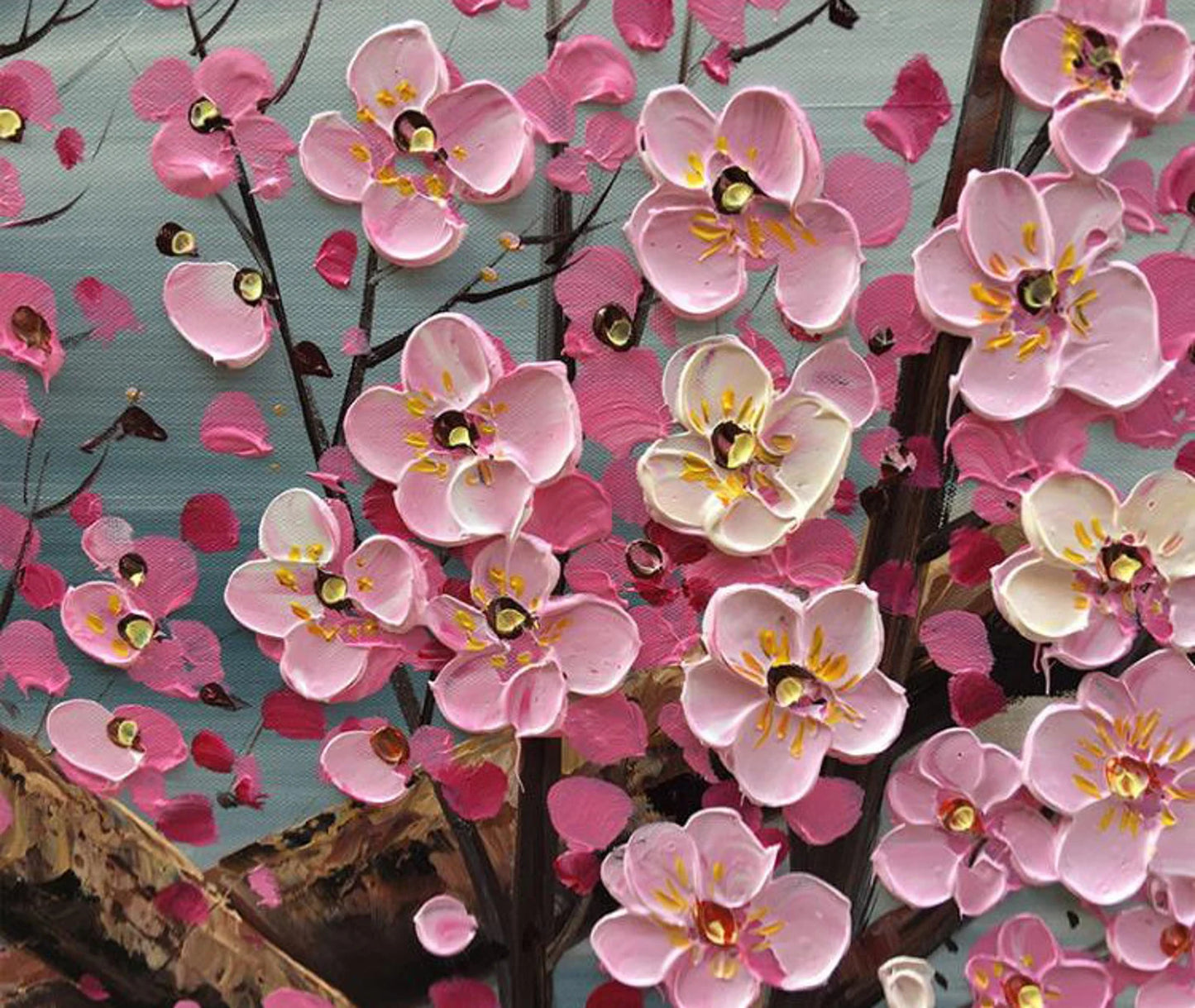 Kirschblüten Rosa auf Ast Ölgemälde Handmade