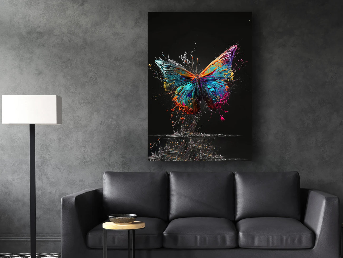 Colorful butterfly on black canvas