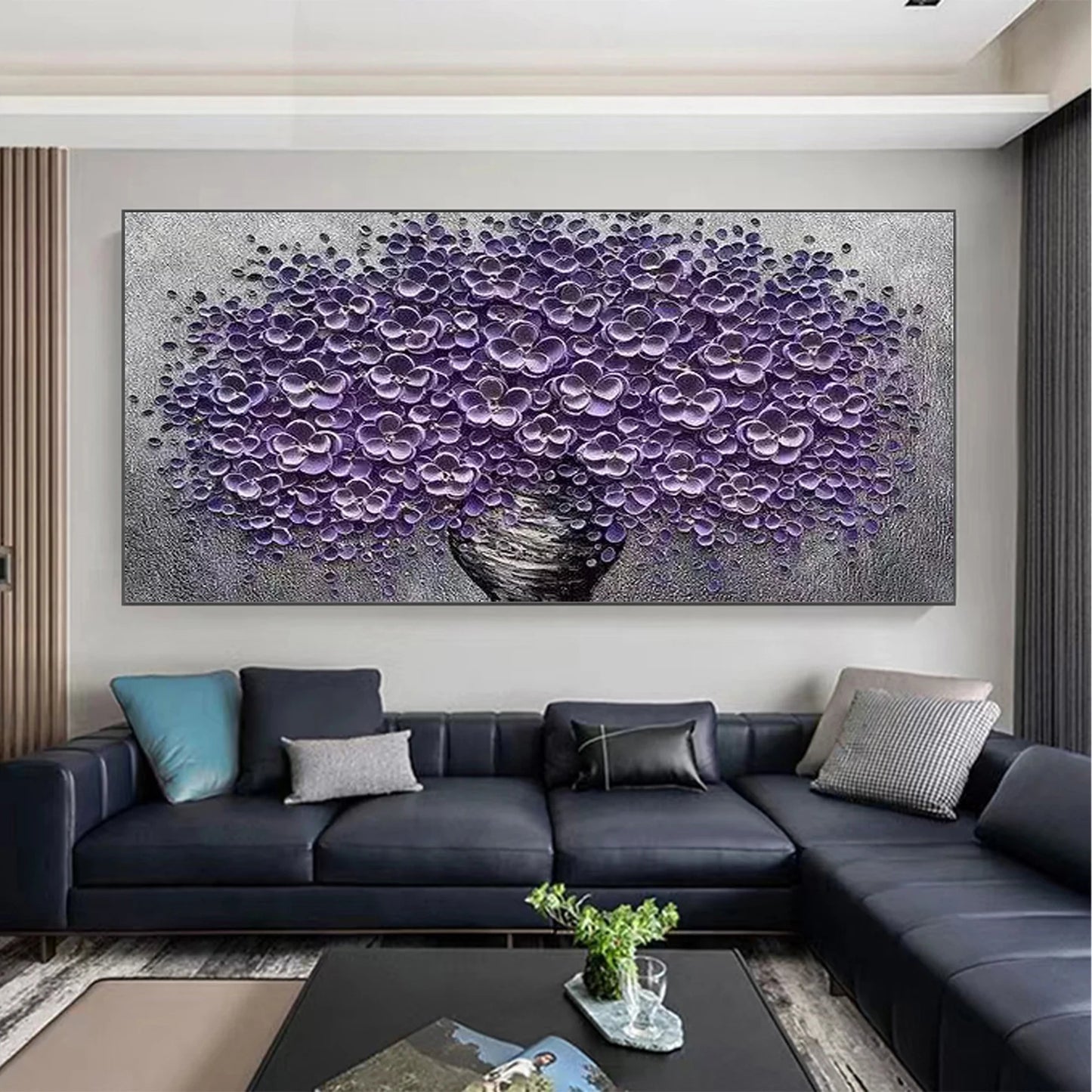 HAND DRAWN Cherry Blossom Purple and Gray Oil Painting