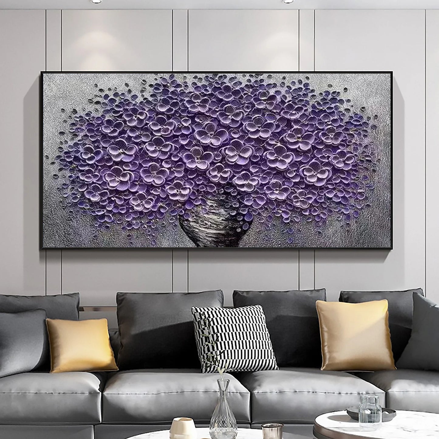 HAND DRAWN Cherry Blossom Purple and Gray Oil Painting