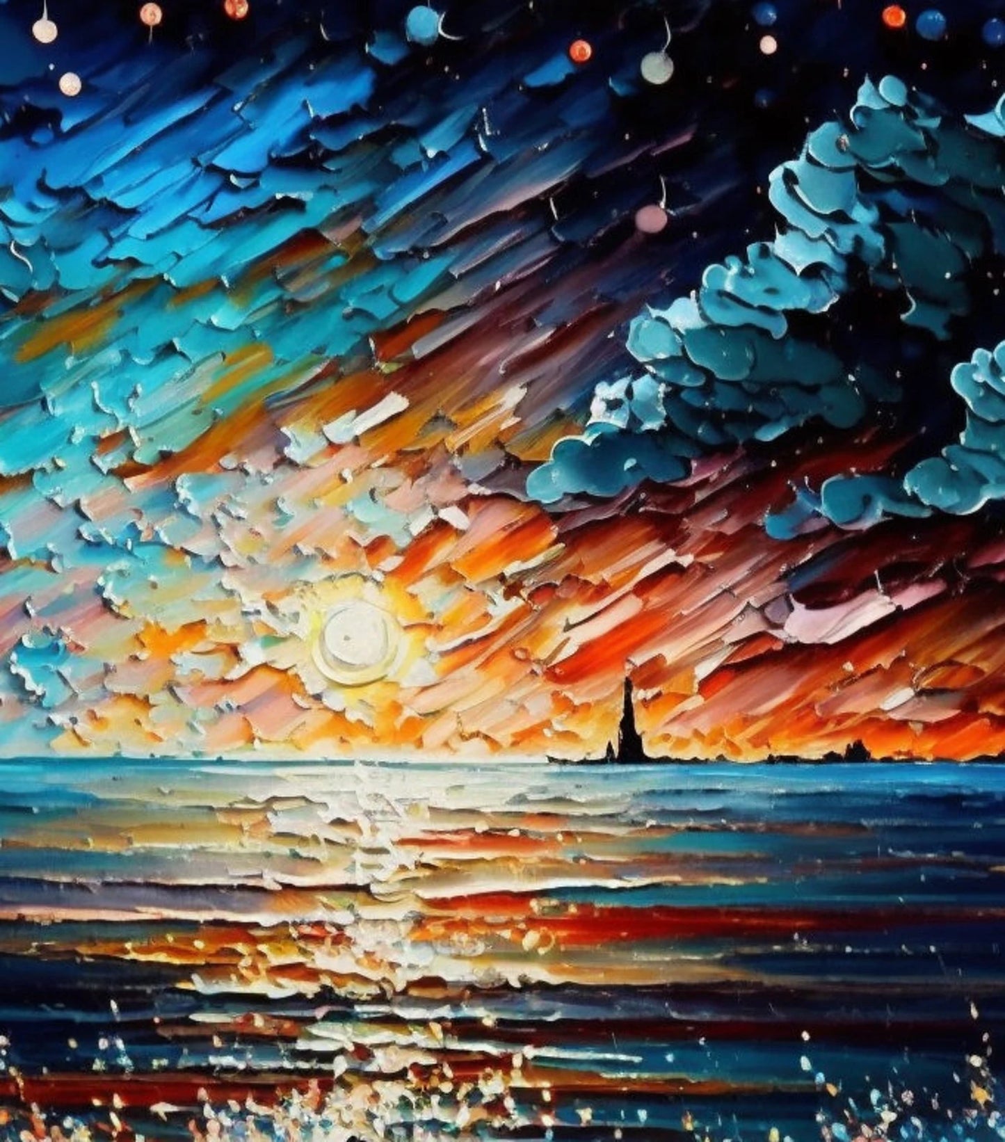 Sea and waves night sky oil painting handmade