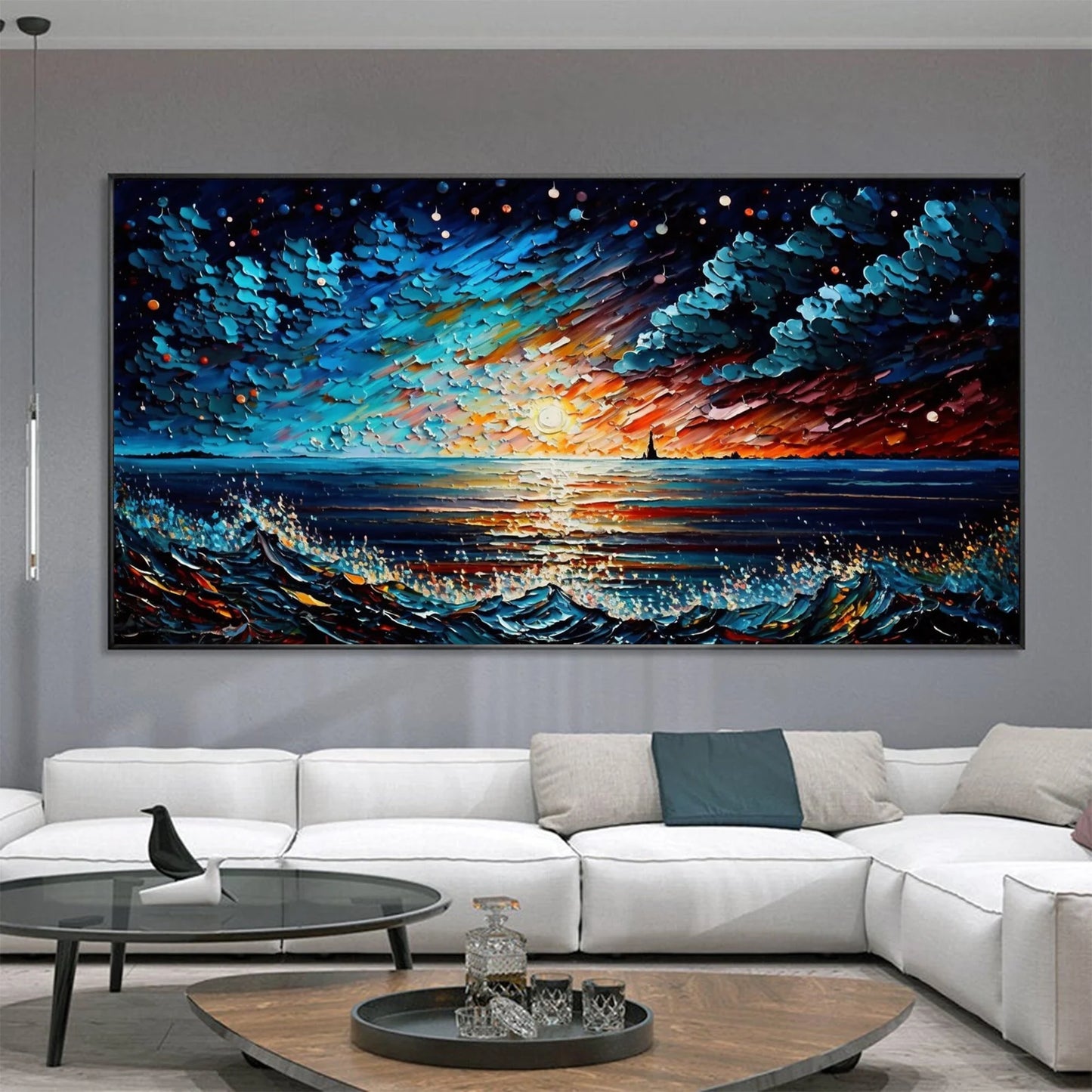 Sea and waves night sky oil painting handmade